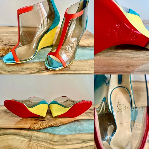 NEW Christian Louboutin Multicolor PVC, Suede and Leather Trim Wedge Peep Toe